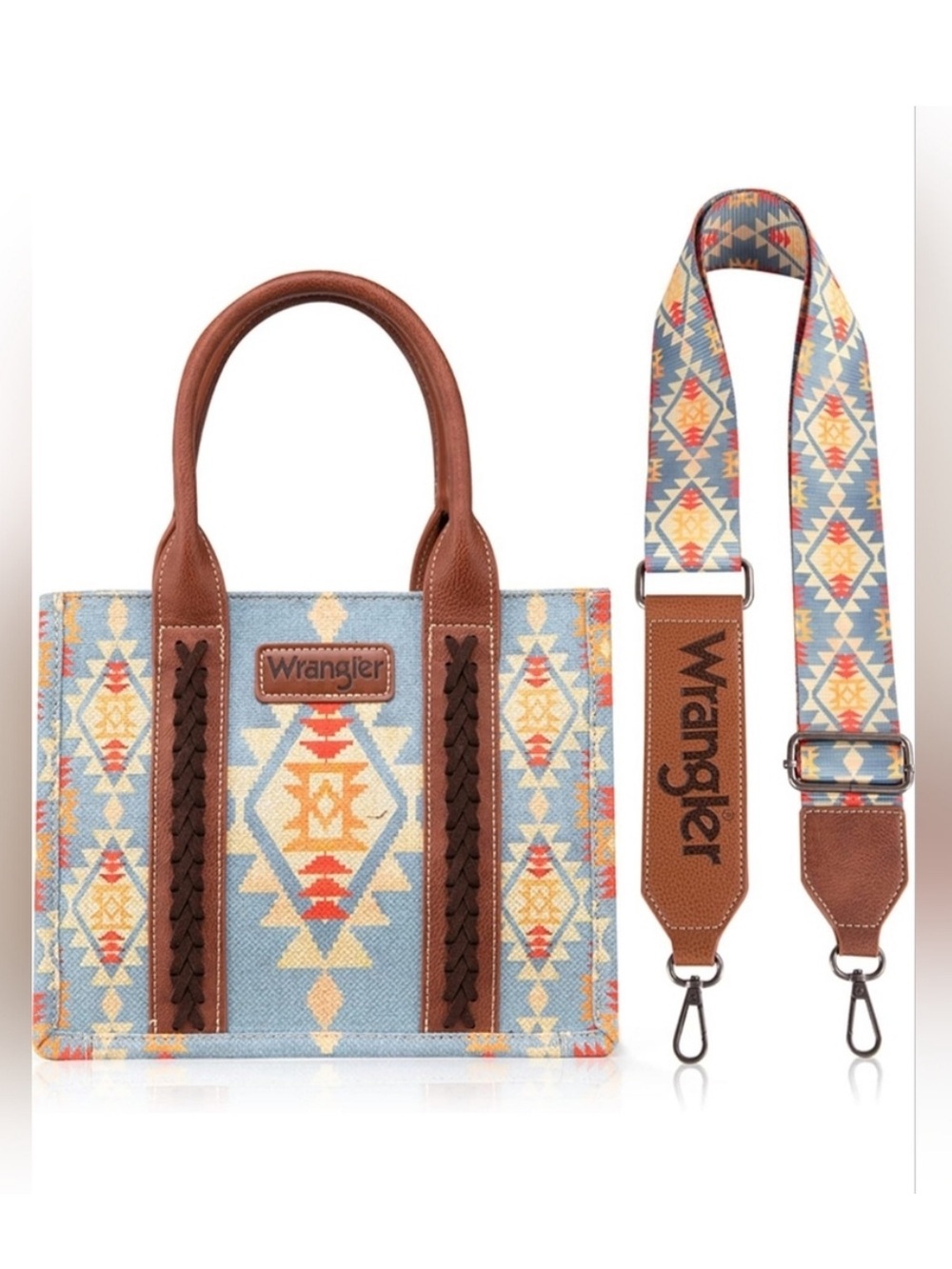 Wrangler Light Blue Aztec Tote with Brown Leather Trim and Patterned Strap
